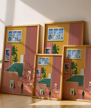 Surreale Architekturlandschaft mit tropischen Elementen und abstrakten Figuren