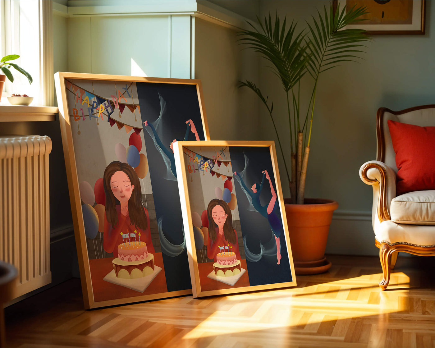Birthday celebration illustration with cake and dancing figure