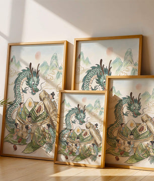 Dragon and Steamed Dumplings with Children in a Mountainous Landscape
