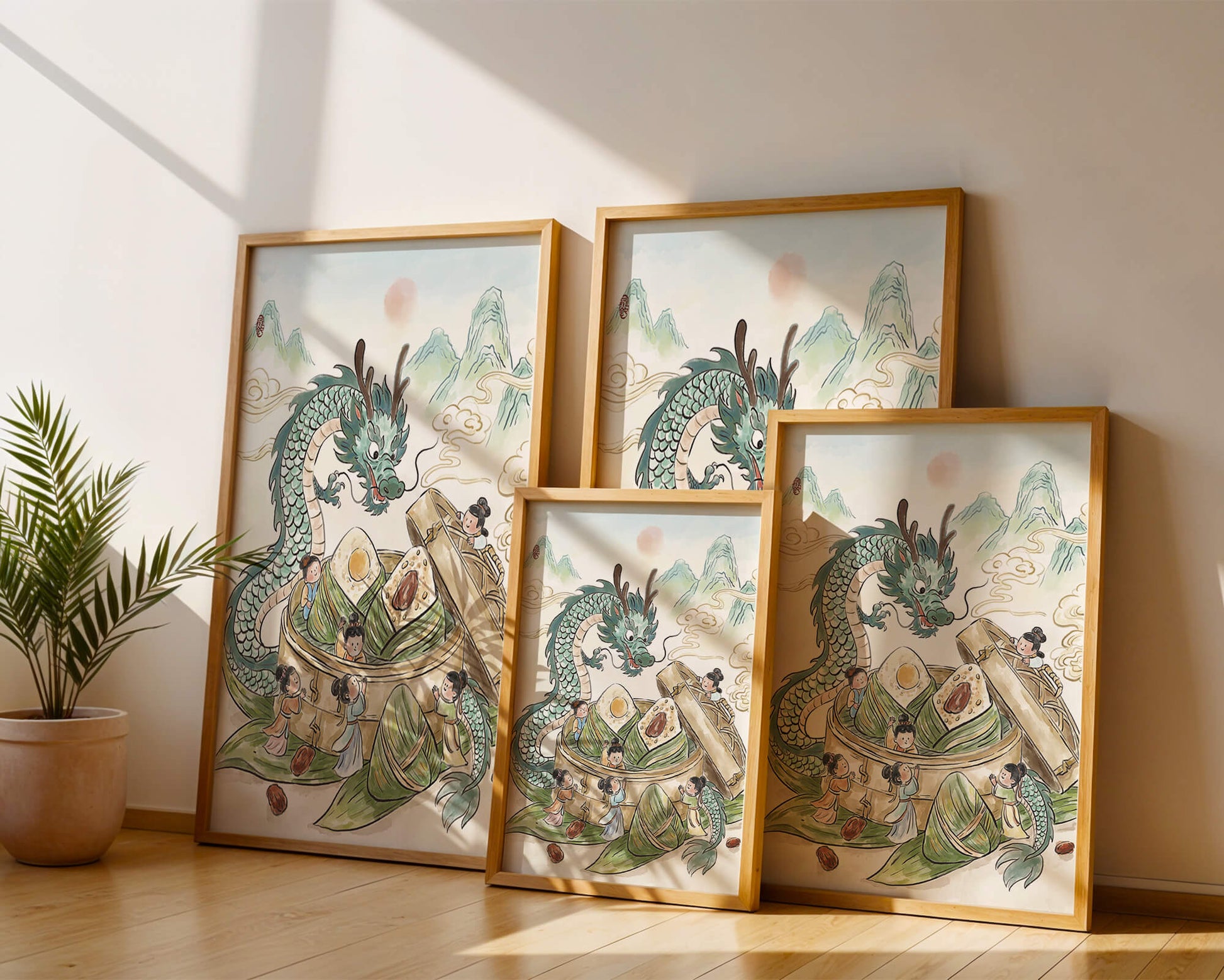 Dragón y dumplings al vapor con niños en un paisaje montañoso