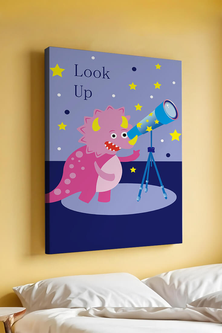 Pink cartoon dinosaur looking through a telescope with stars