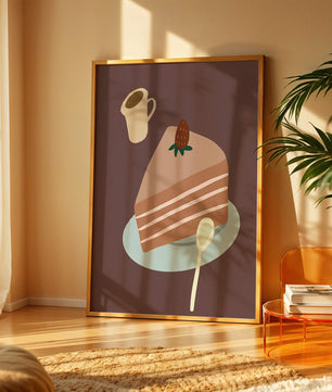 Ilustración de una porción de pastel con fresa y café