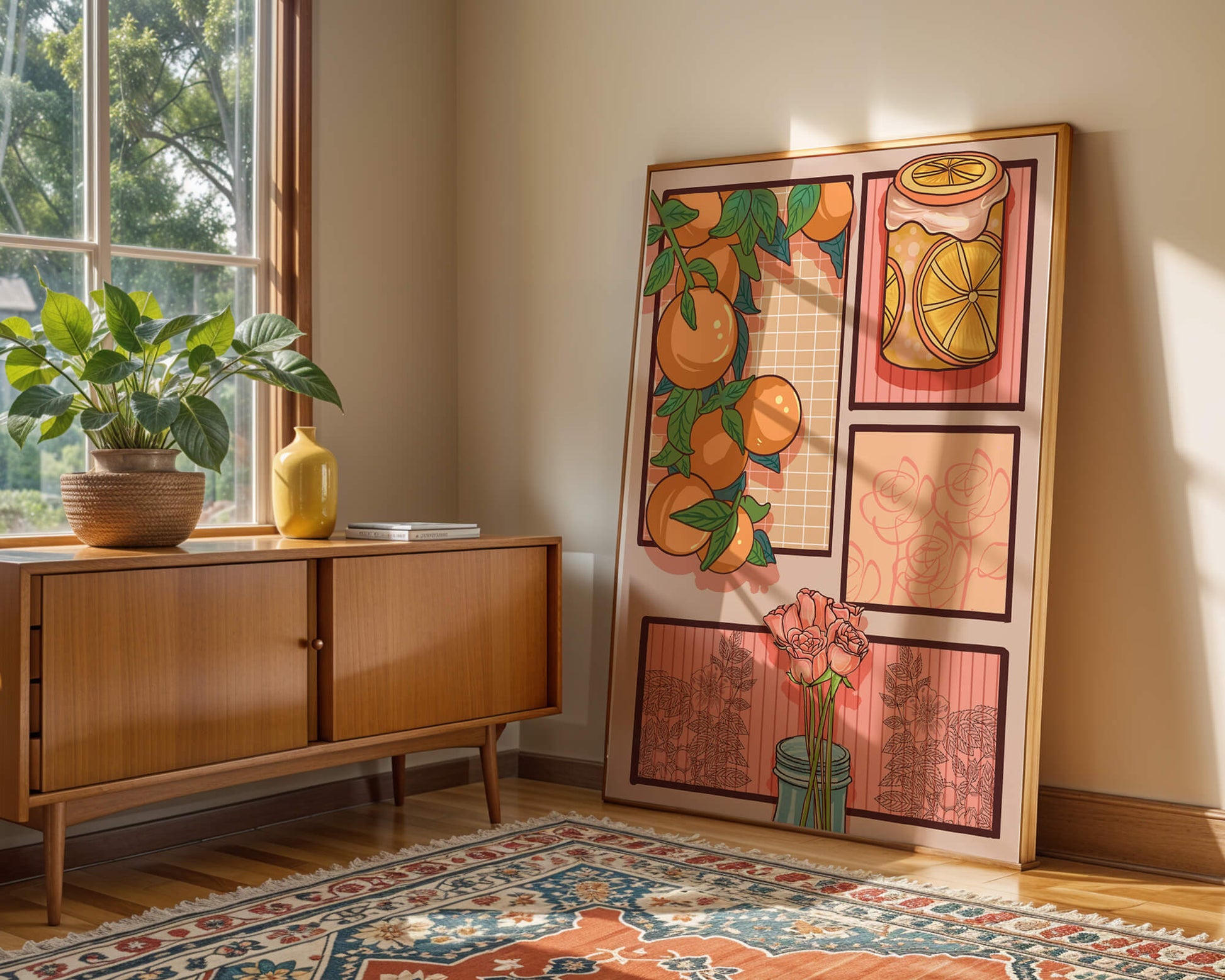 Composición artística con naranjas, frasco de rodajas de limón y rosas sobre fondo geométrico