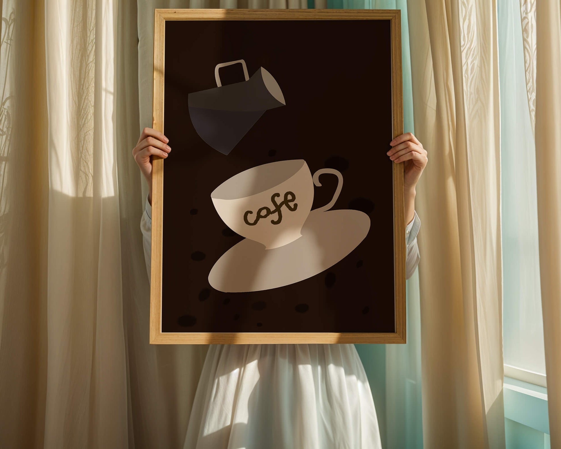 Minimalist coffee cup with pouring pot on dark background