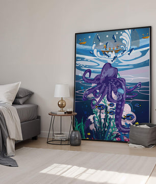 Colorful underwater scene with octopus and fishing boat above