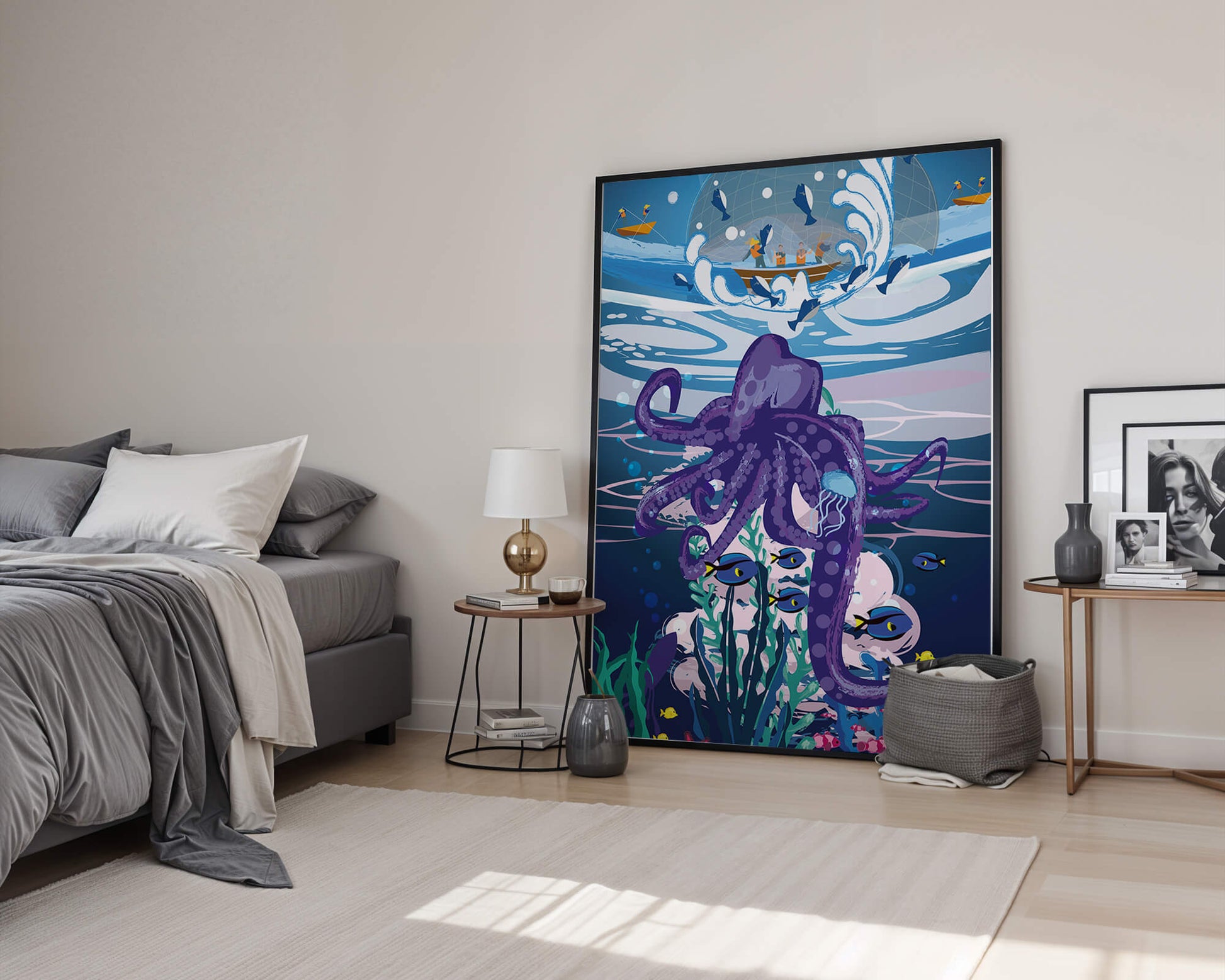 Colorful underwater scene with octopus and fishing boat above