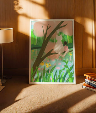 Encantadora ilustración al pastel de una niña y un gato junto a un estanque tranquilo