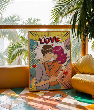 Ilustración de pop art romántico con pareja abrazándose y texto de amor
