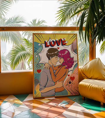 Romantic Pop Art Illustration with Embracing Couple and Love Text