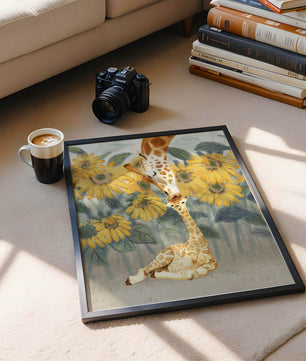 Pintura acuarela de jirafas y girasoles en una escena tierna de una familia de jirafas