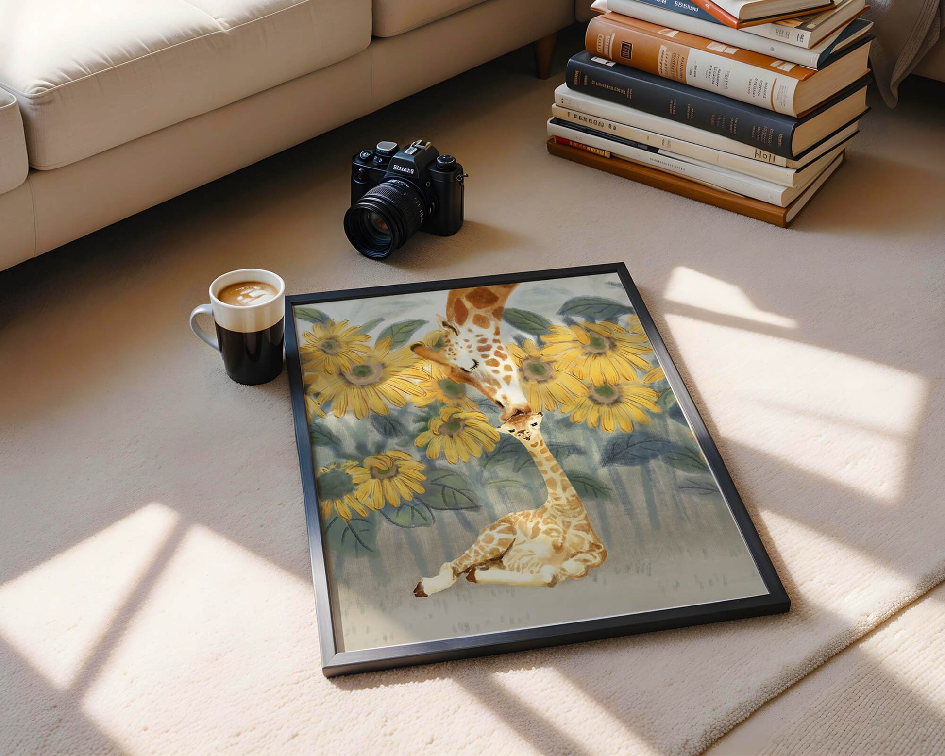 Giraffe and sunflowers watercolor painting of tender giraffe family scene