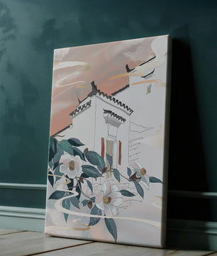 Escena arquitectónica serena con flores y cielo de atardecer