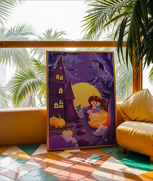 Charming Halloween scene with a girl on a pumpkin near a haunted house