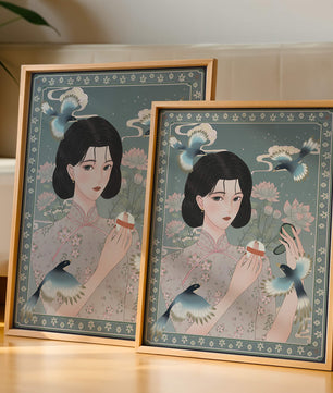 Mujer elegante en kimono floral rodeada de pájaros y flores de loto