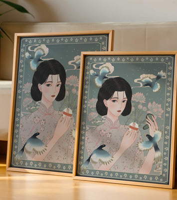 Elegant woman in floral kimono surrounded by birds and lotus flowers