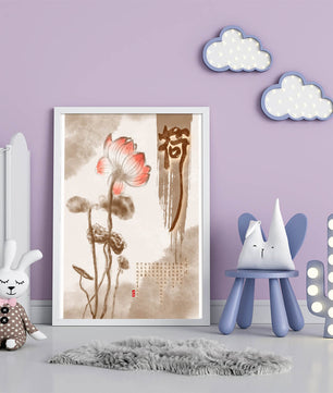 Lotus Flower with Asian Calligraphy in Watercolor Style - Mi tienda