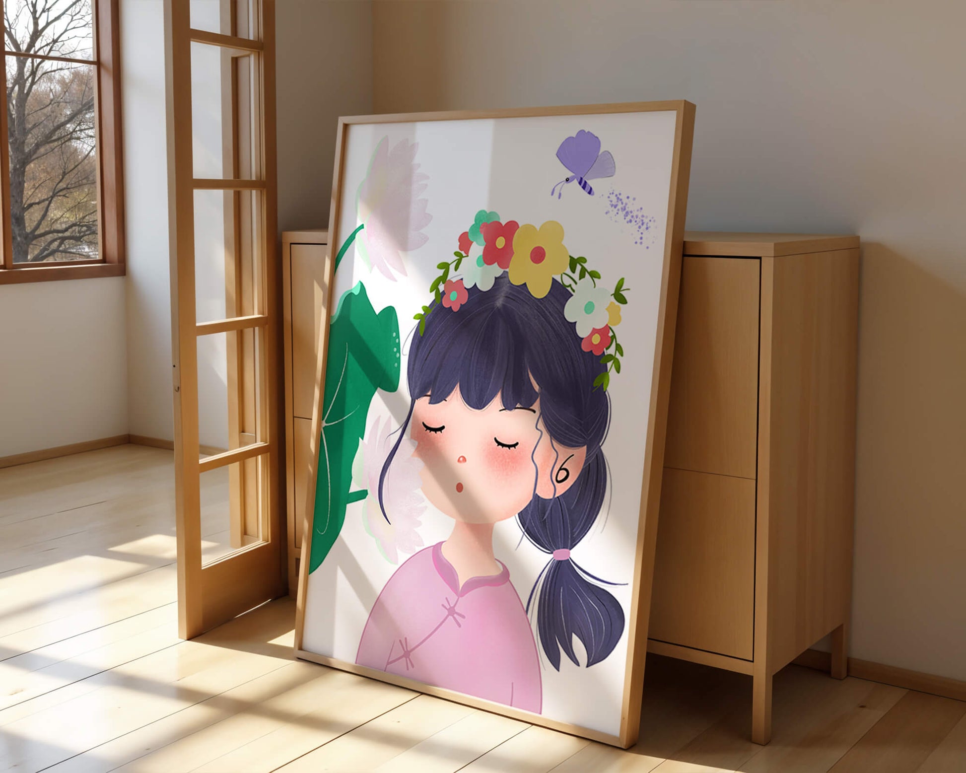 Whimsical illustration of a girl with a flower crown and butterfly