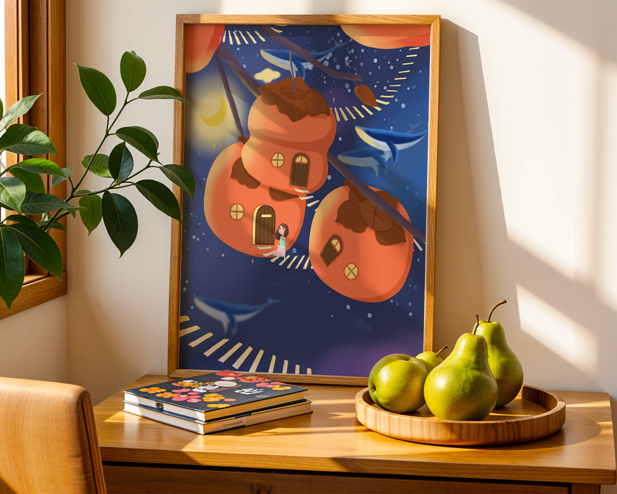 Whimsical night scene with floating persimmon houses and swimming whales