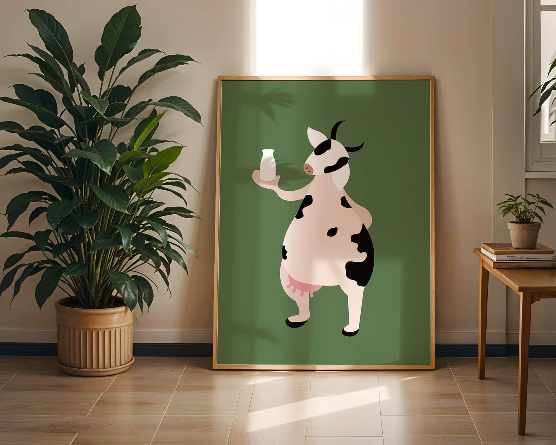 Illustration of anthropomorphic cow holding a milk bottle on green background