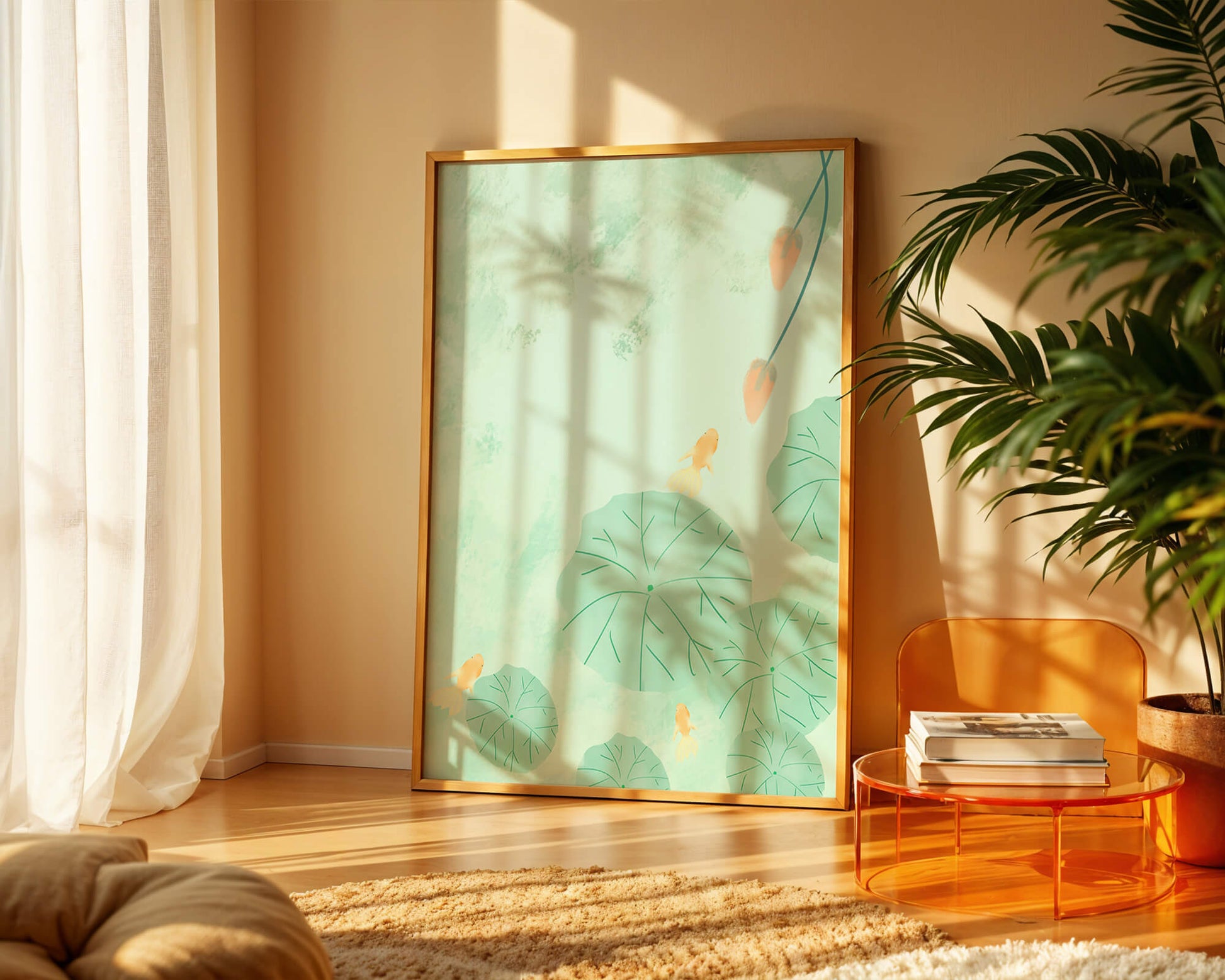 Serene Pond Scene with Goldfish and Lotus Leaves