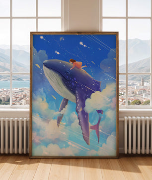 Illustration onirique d'une fille chevauchant une baleine à travers le ciel