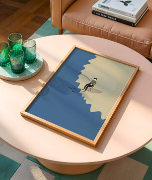 Minimalistic illustration of a person fishing by the sea