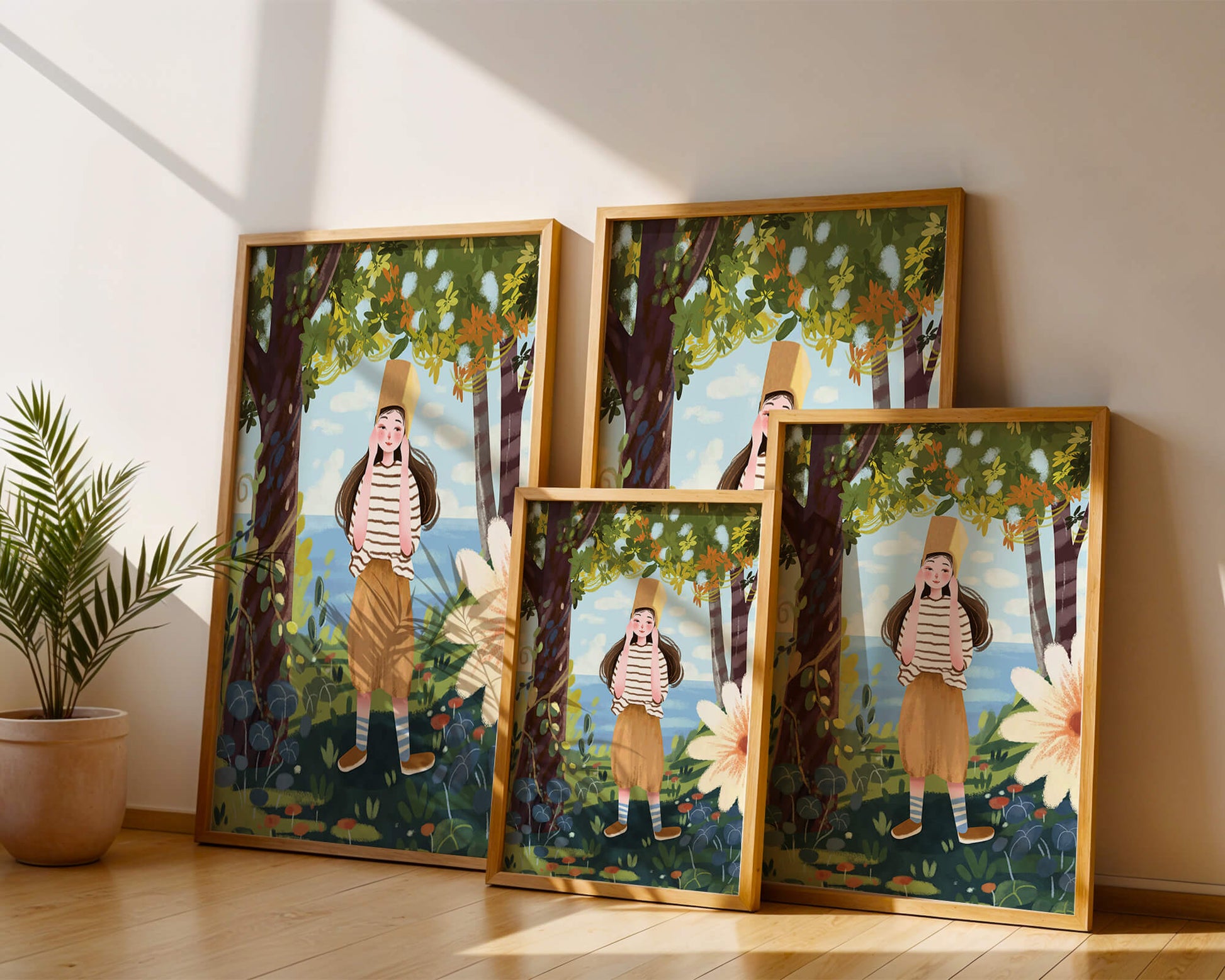 Whimsical Illustration of a Girl in Nature with Golden Hat