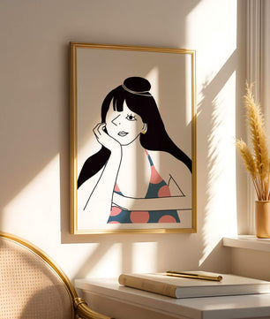 Elegant Minimalist Woman Portrait with Polka Dot Dress and Gold Earring - Mi tienda