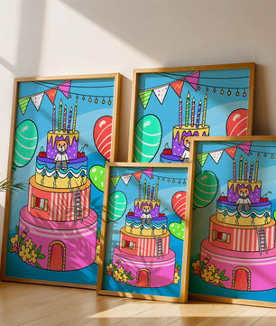 Colorful birthday cake with teddy bear and festive decorations