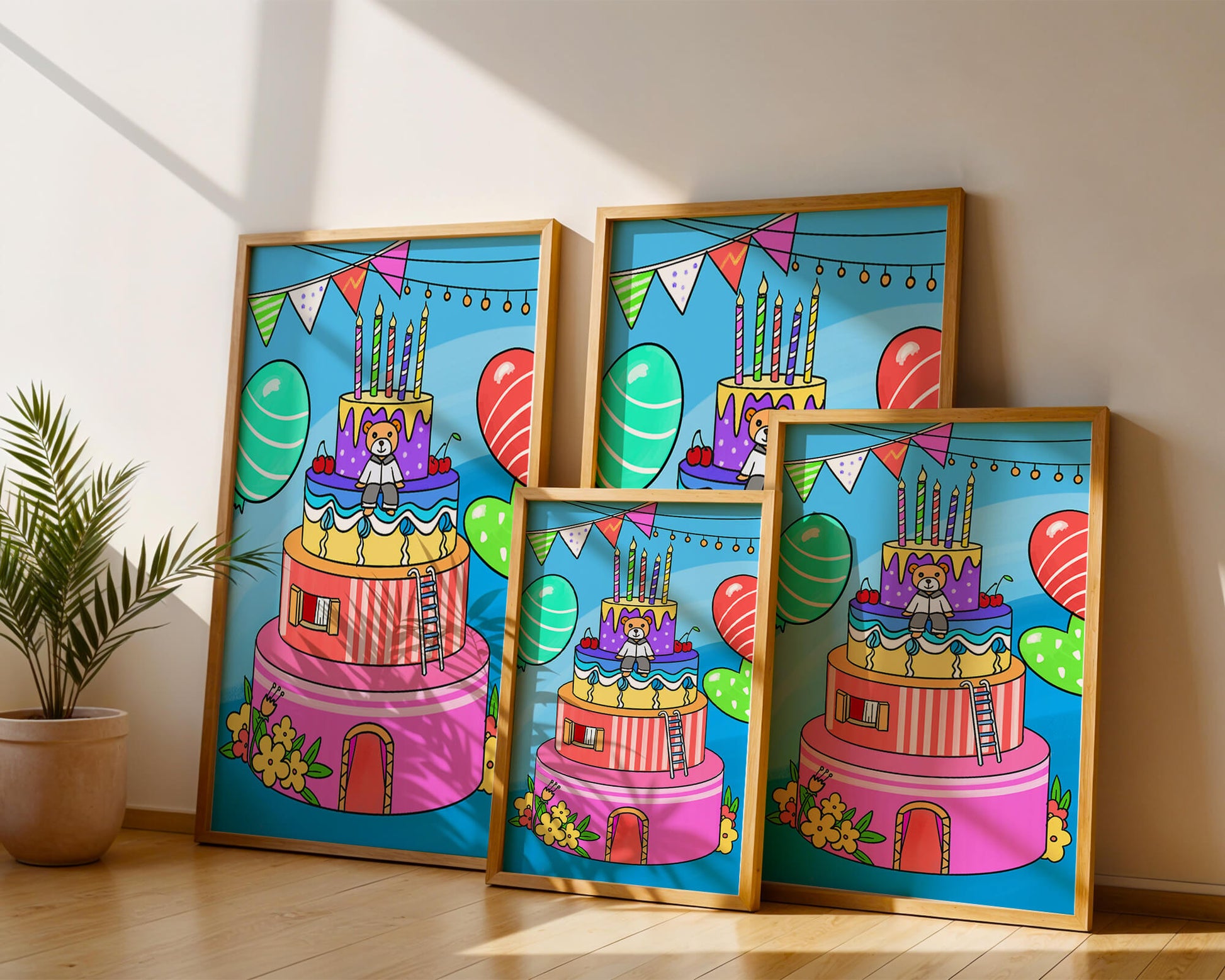 Colorful birthday cake with teddy bear and festive decorations