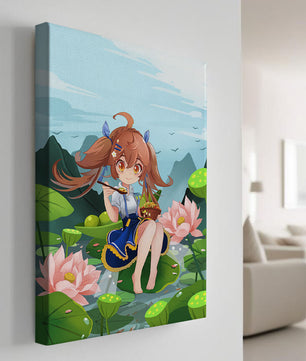 Chica de anime sentada en hojas de lirio con montañas al fondo