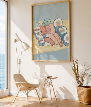 Illustration of assorted sushi rolls with shrimp and salmon on a bamboo mat