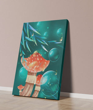 Whimsical forest scene with mushrooms and glowing bubbles