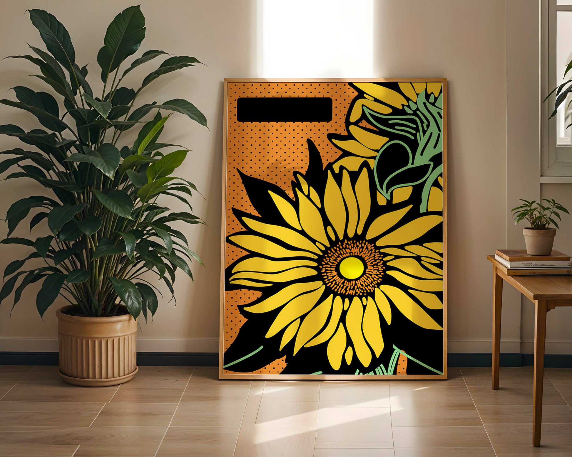 Colorful sunflower illustration with bold lines and dots