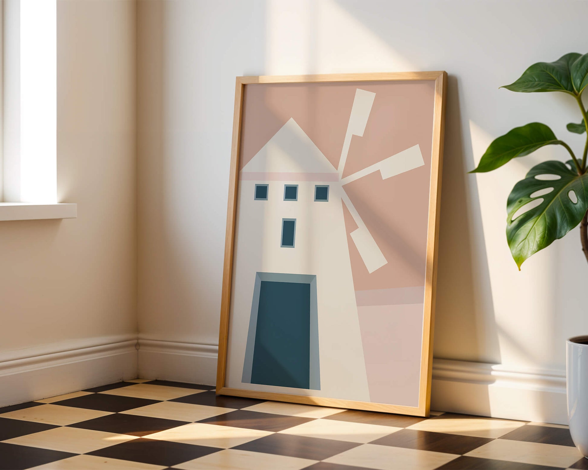 Minimalist geometric house illustration on pastel background