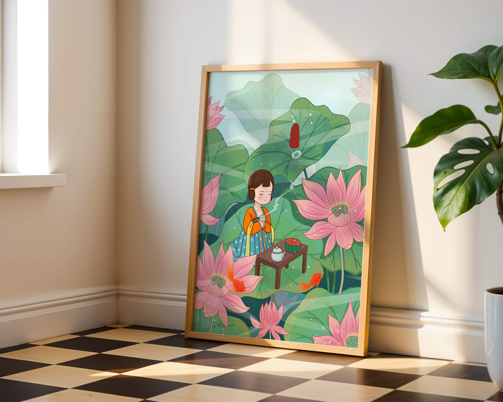 Serene illustration of a girl enjoying tea among lotus flowers