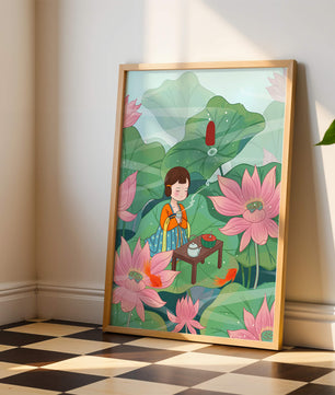 Serene illustration of a girl enjoying tea among lotus flowers