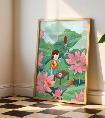 Serene illustration of a girl enjoying tea among lotus flowers