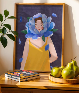 Illustration of woman with blue flower head and yellow dress