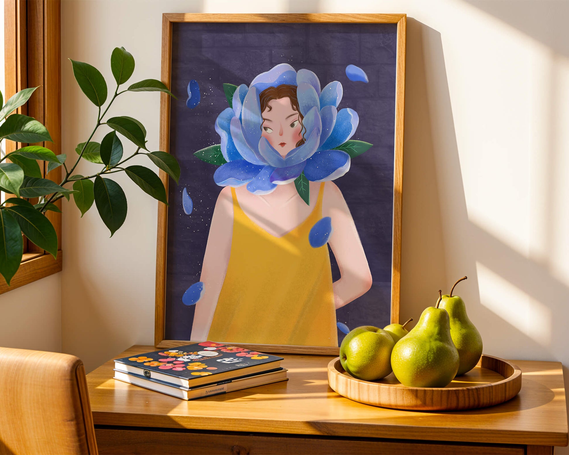 Illustration of woman with blue flower head and yellow dress