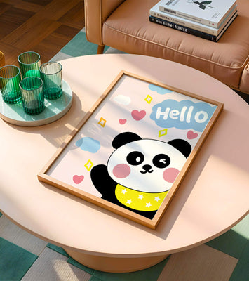 Panda illustration with playful elements and pastel colors