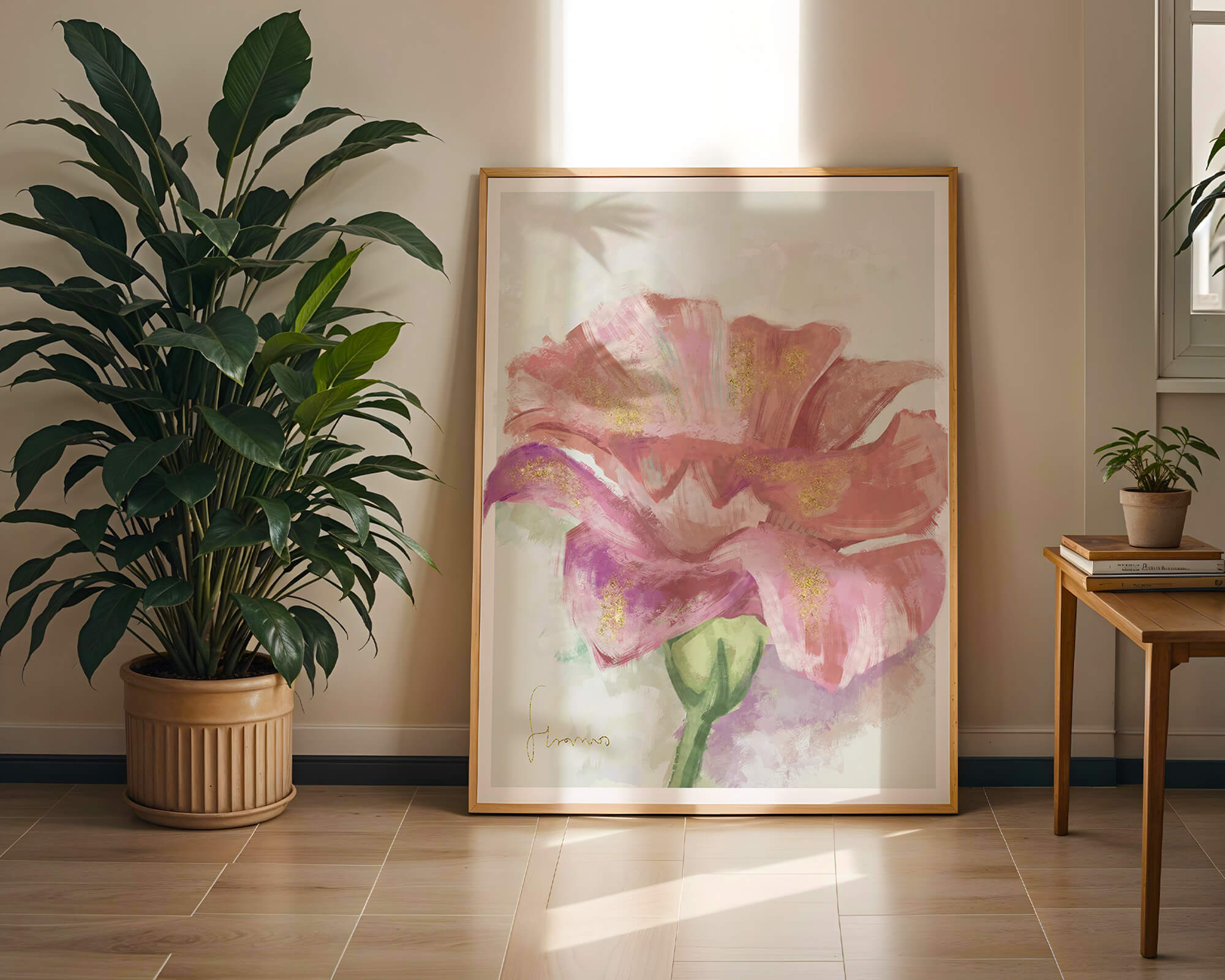 Vibrant pink flower with golden accents in abstract style