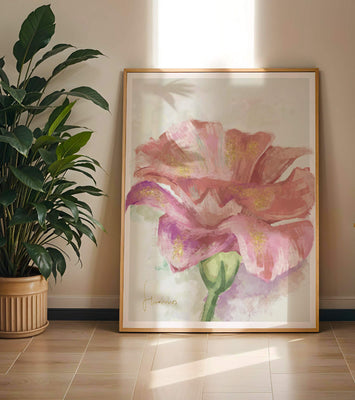 Vibrant pink flower with golden accents in abstract style
