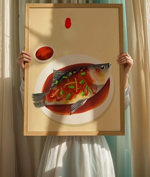 Illustration of a colorful fish dish with garnish