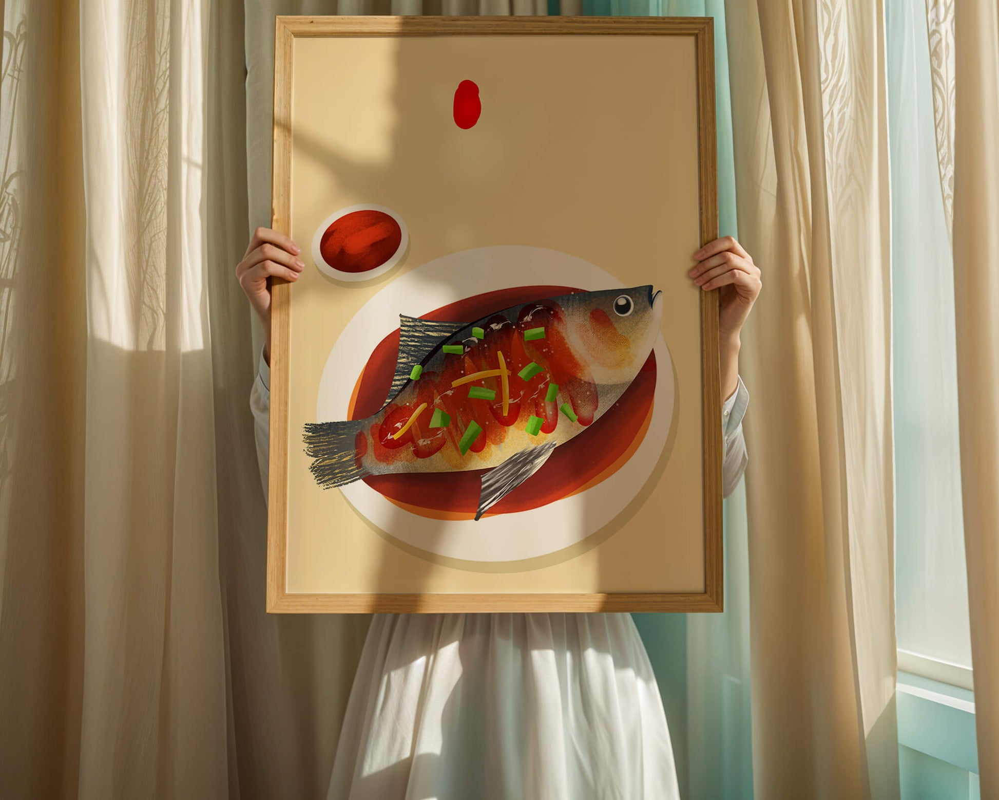 Illustration of a colorful fish dish with garnish