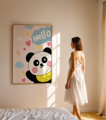 Panda illustration with playful elements and pastel colors