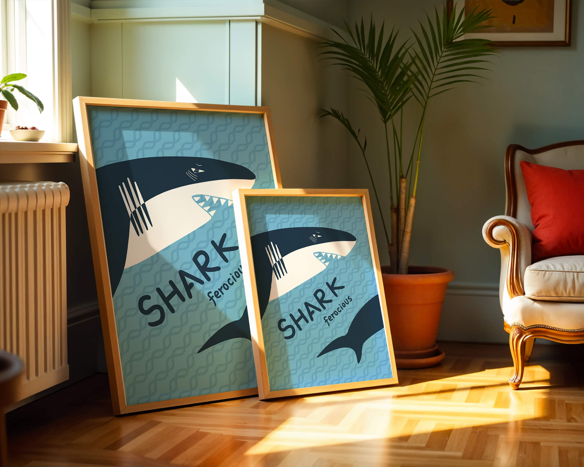 Illustrated shark graphic with blue background and typography