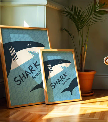 Illustrated shark graphic with blue background and typography