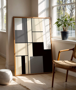 Abstraktes geometrisches Design mit gedämpften Farbtönen und kräftigen Linien