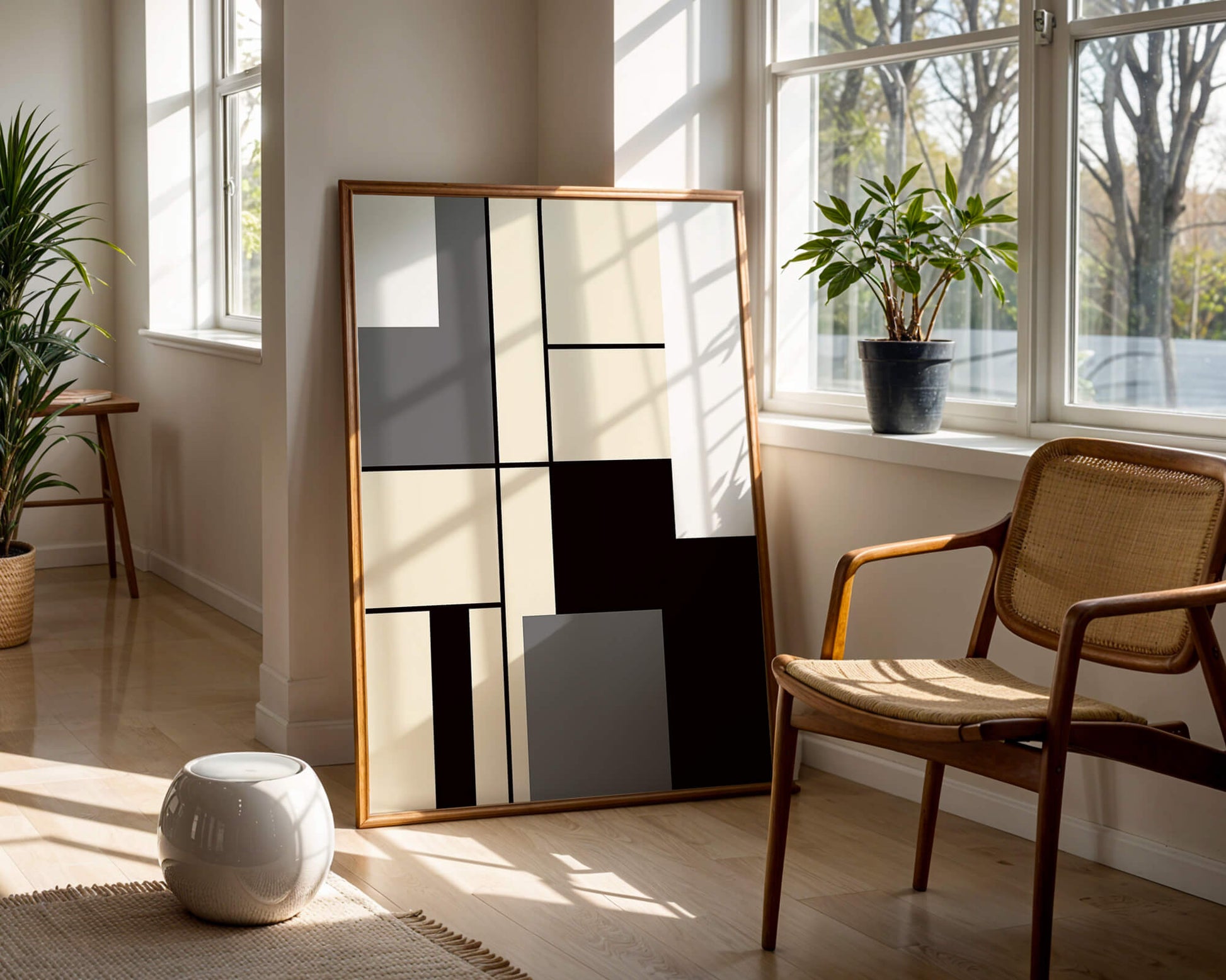 Abstract geometric design with muted shades and bold lines